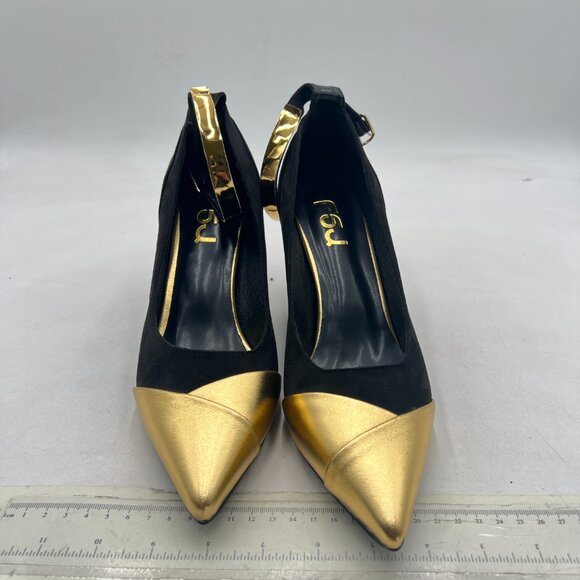 FSJ Black & Gold Ankle Strap Pointed Toe Stiletto Heel Pumps for Women - Picture 3 of 8